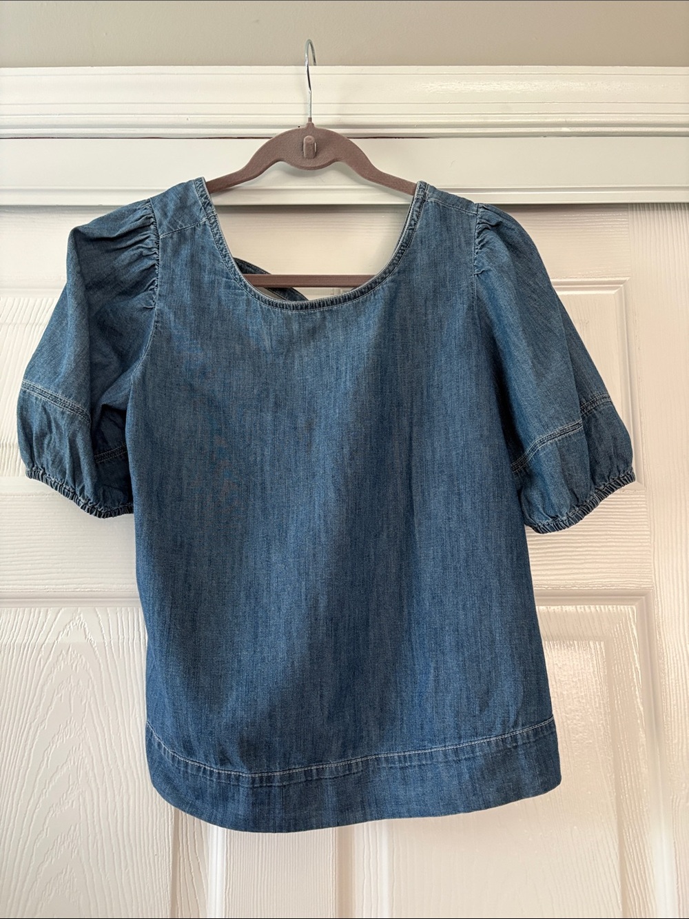 LOFT Denim Puff-Sleeve Peasant Top - Indigo